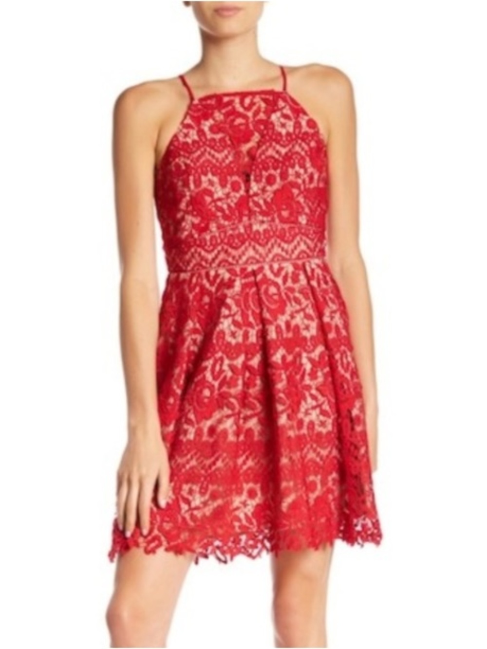 Adelyn Rae Red Krista Lace Halter Fit and Flare Dress (XS)